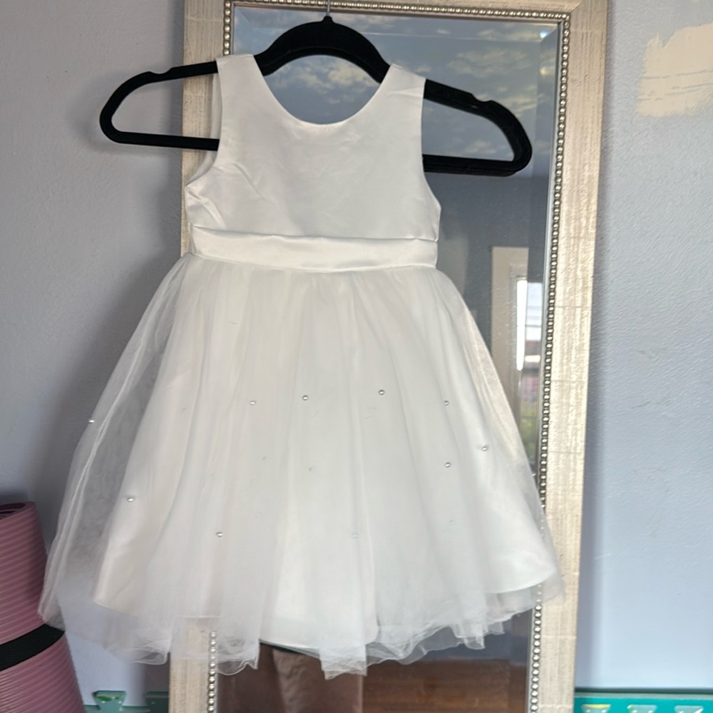 Beautiful pearl studded Flower Girl Dress Satin Ball Gown with Bowknot.